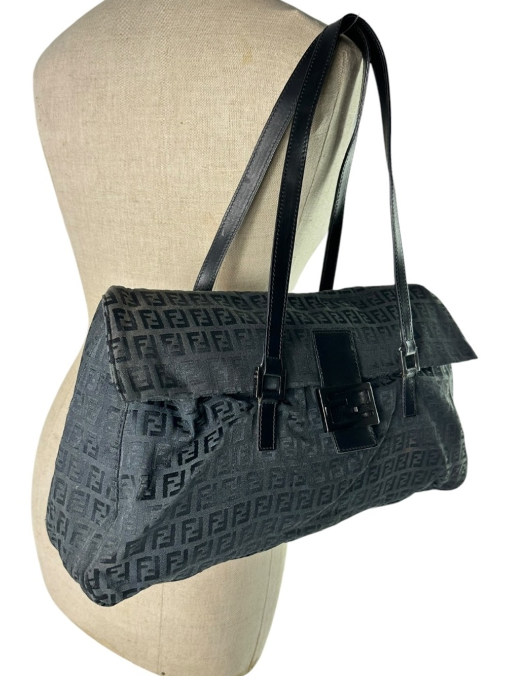 Genuine FENDI Zucchino Black Canvas Jacquard and Leather Baguette Shoulder Bag